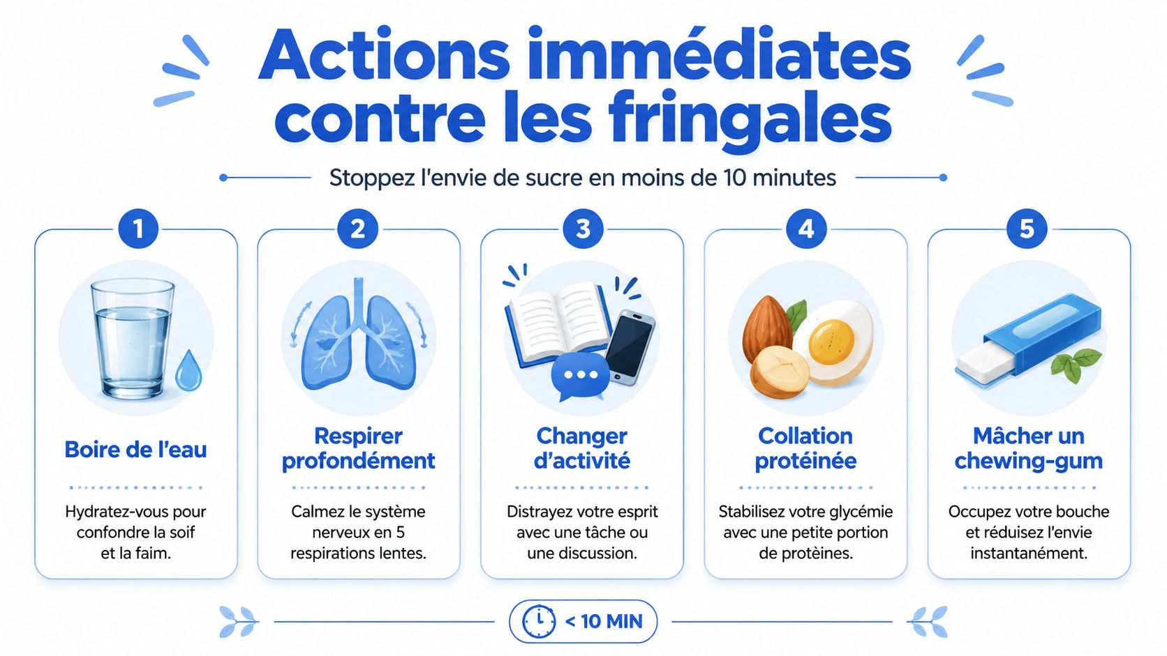 Une infographie montrant cinq actions immédiates et rapides pour stopper les envies de sucre en moins de dix minutes.
