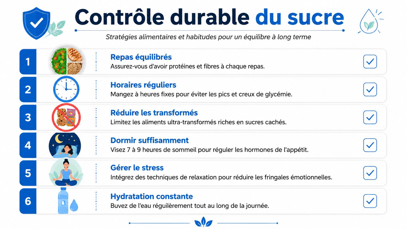 Infographie illustrant six habitudes saines et stratégies alimentaires pour un contrôle durable du taux de sucre.