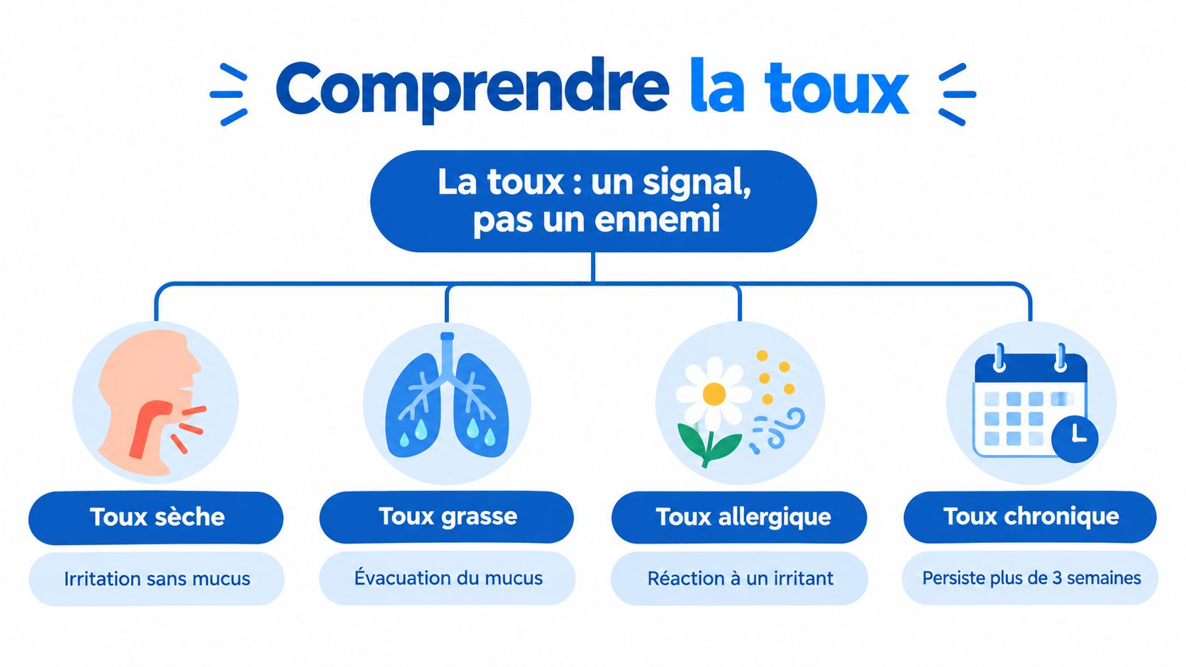 Hoe stoppen met hoesten 1 Infographie illustrant les différents types de toux : sèche, grasse, allergique et chronique, expliquant leurs causes principales.