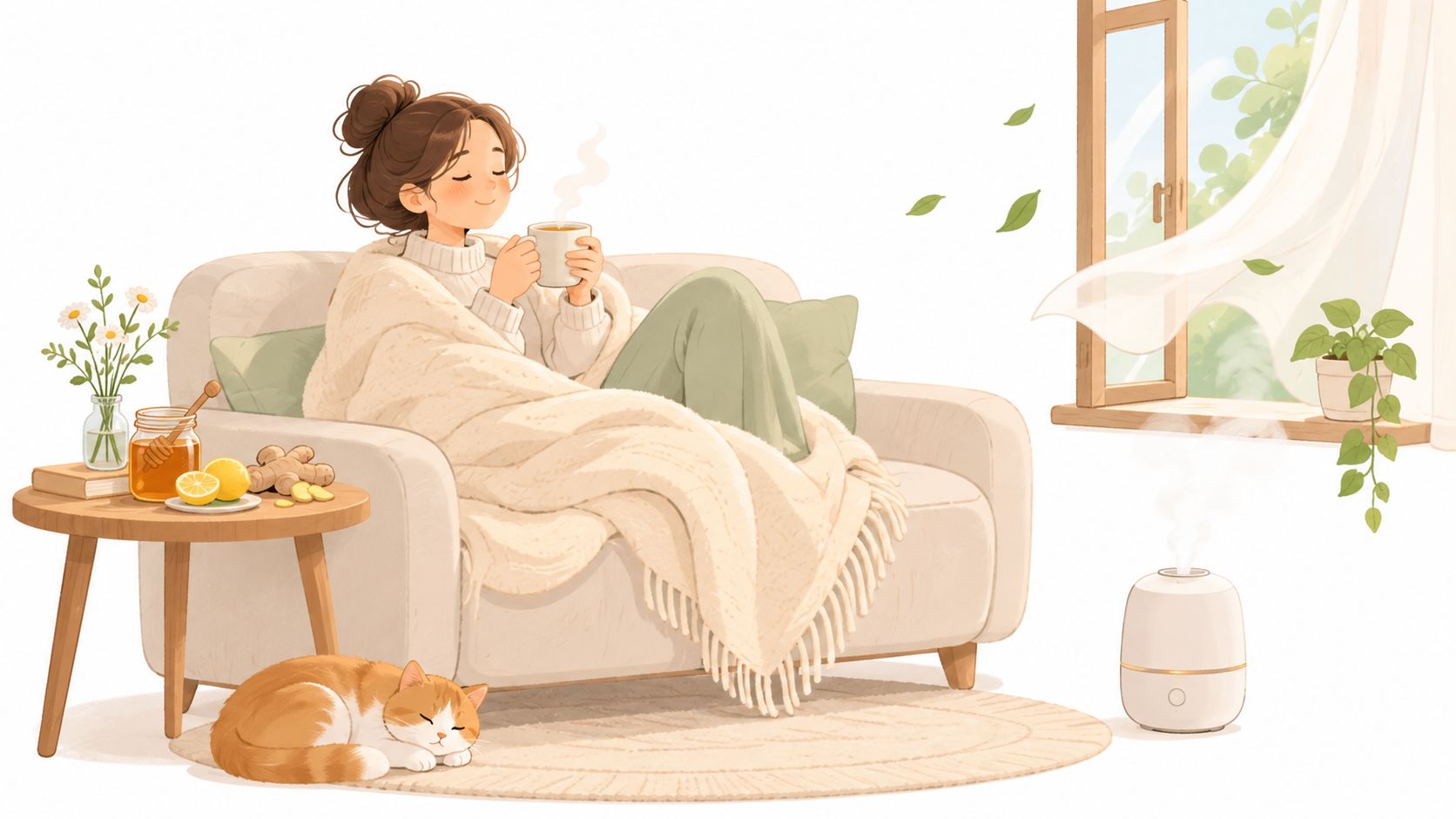 Hoe stoppen met hoesten 2 Une jeune femme détendue se repose sur un fauteuil confortable avec un thé chaud et son chat endormi.