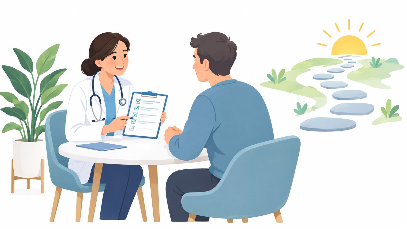 Hoe stoppen met hoesten 4 Une femme médecin discute d'un plan de santé avec un patient devant un chemin symbolique ensoleillé