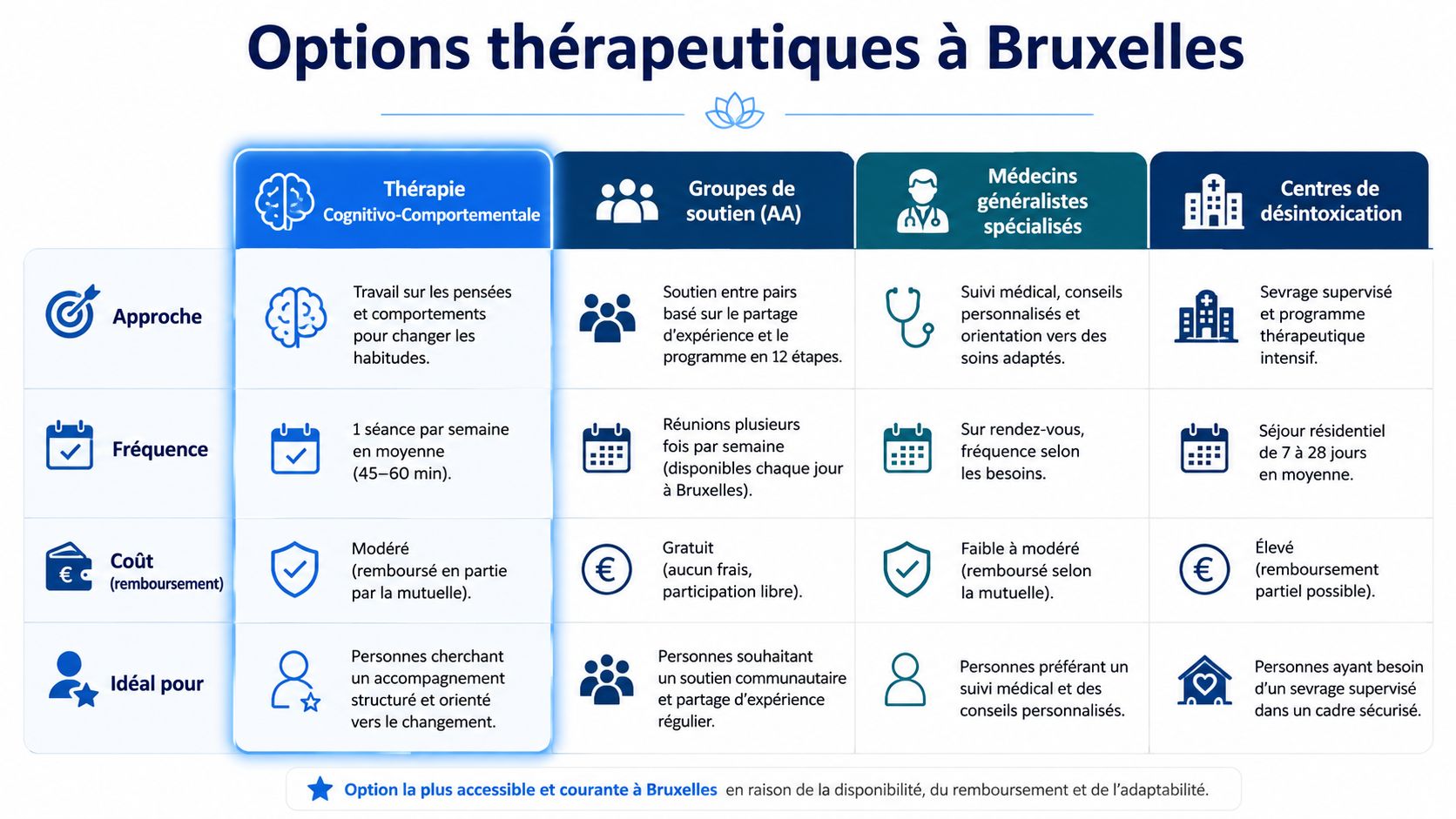 Tableau comparatif des options de traitement contre l'alcoolisme à Bruxelles, incluant thérapie, groupes de soutien et centres spécialisés.