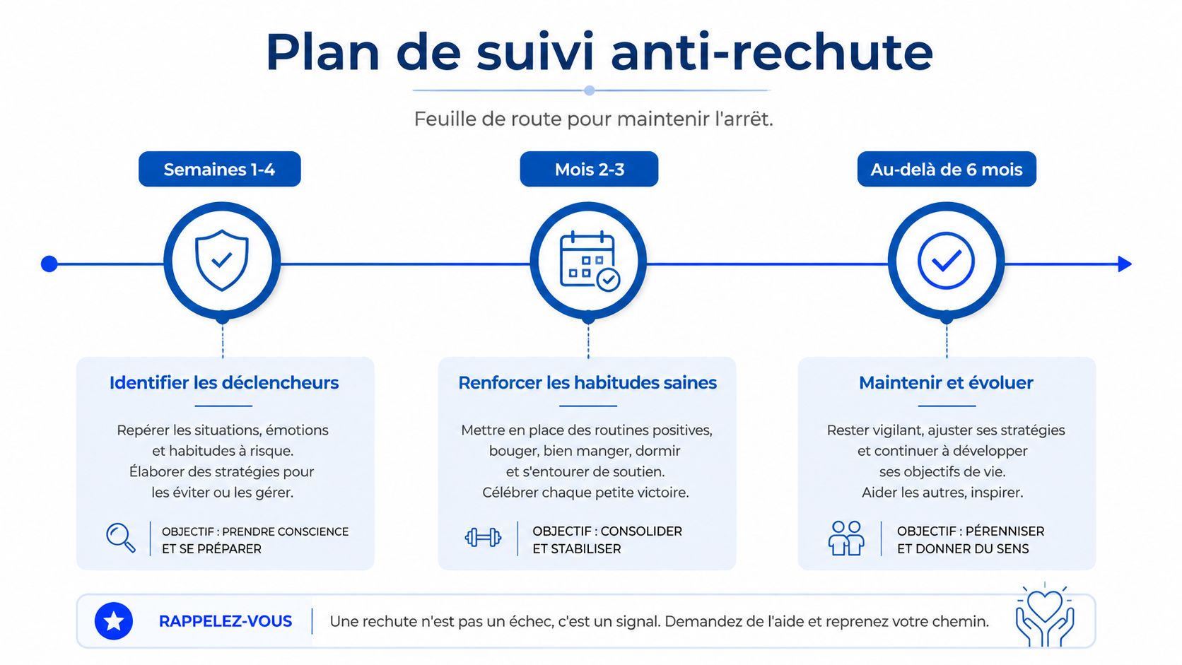 Une infographie détaillée illustrant un plan de suivi anti-rechute structuré par étapes temporelles pour maintenir l'abstinence.