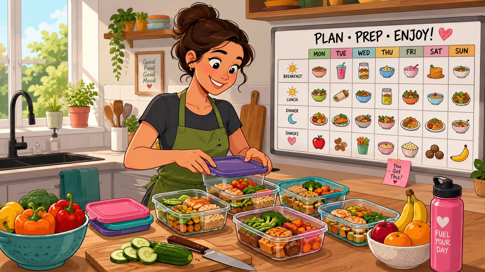 Une femme souriante prépare des repas sains dans sa cuisine avec un tableau de planification hebdomadaire.