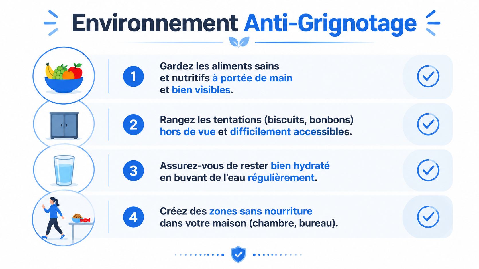 Une infographie avec quatre conseils pratiques pour organiser son environnement afin d'éviter les grignotages impulsifs au quotidien.