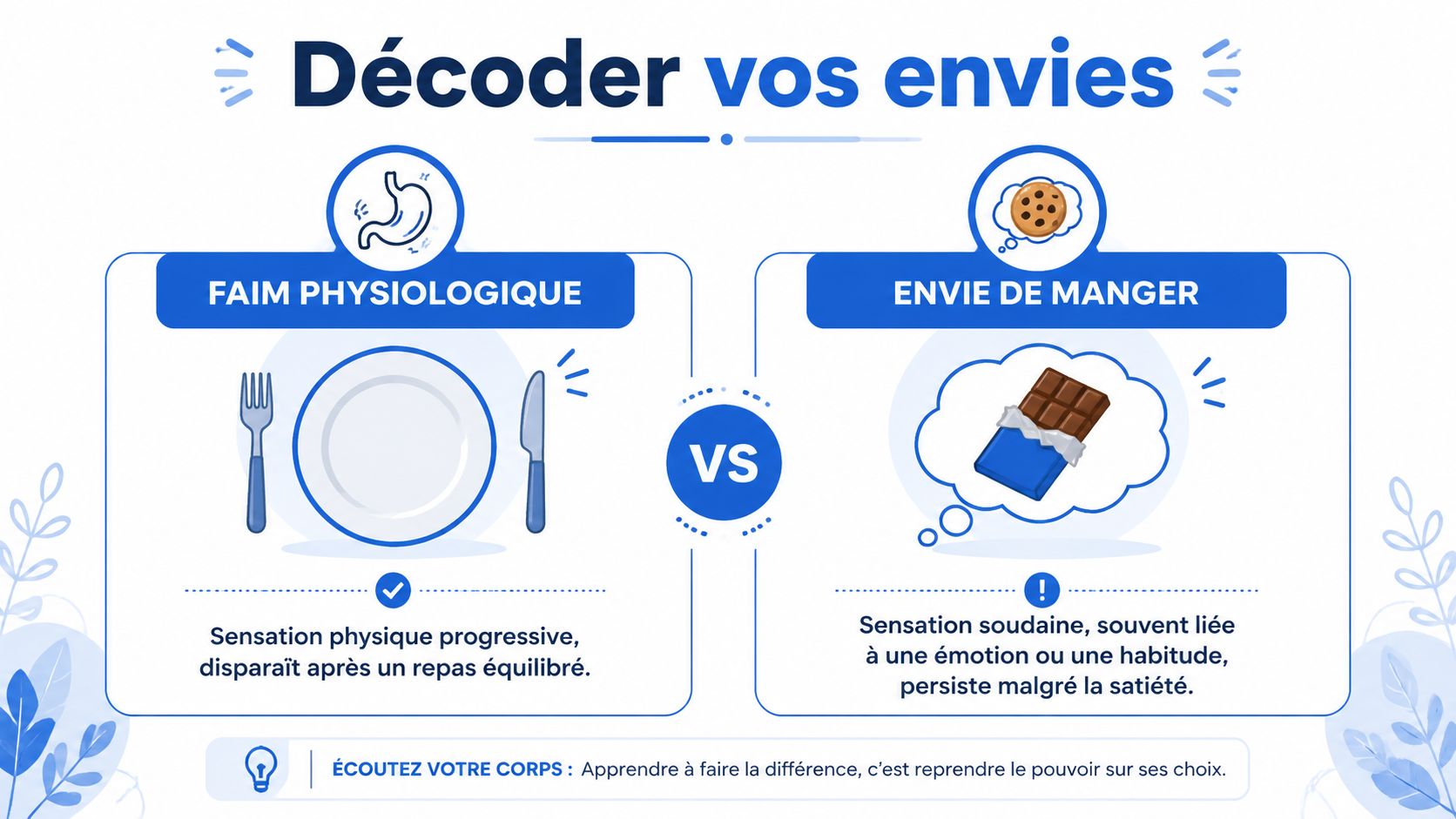 Une infographie comparant la faim physiologique progressive et l'envie soudaine de manger liée aux émotions.