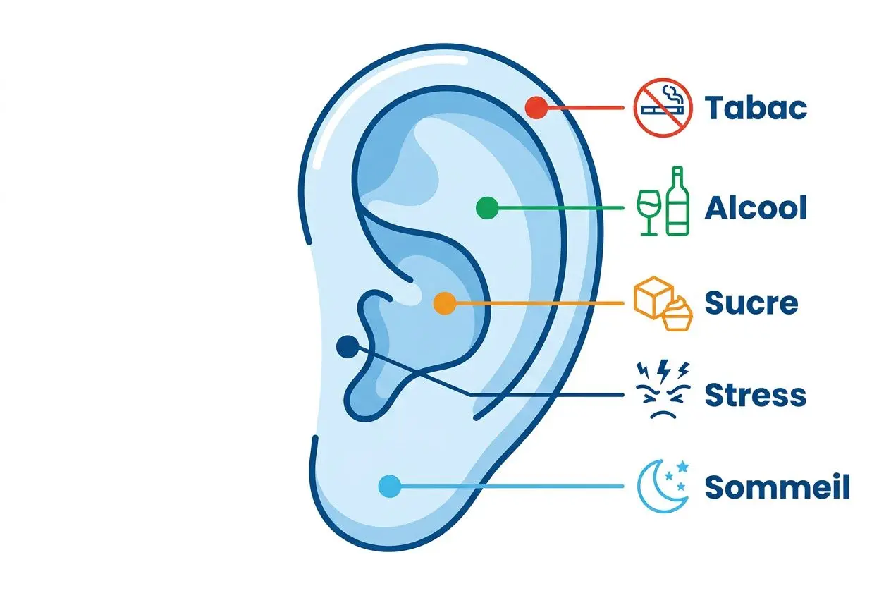 Auriculothérapie et addiction : arrêter de fumer et plus encore 4 Illustration d’une oreille avec zones indiquant Tabac, Alcool, Sucre, Stress et Sommeil, liée à l’auriculothérapie pour addiction. auriculothérapie addiction intégrée.