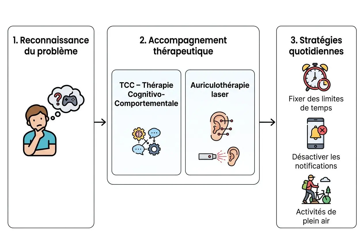 Illustration schématique sur l’addiction jeux vidéo: reconnaissance du problème, accompagnement thérapeutique et stratégies quotidiennes pour limiter le recours et favoriser des activités hors écran.
