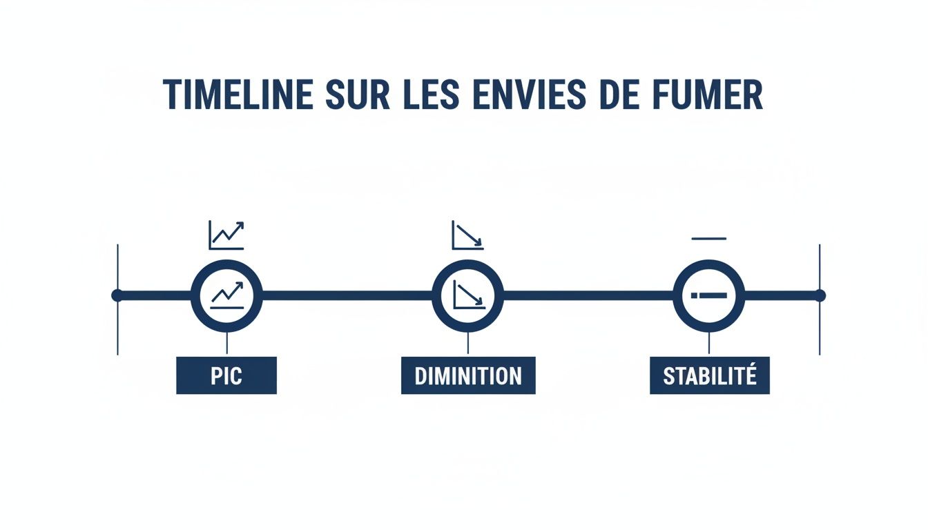 Une chronologie des envies de fumer, illustrant le pic, la diminution et la stabilité des fringales.