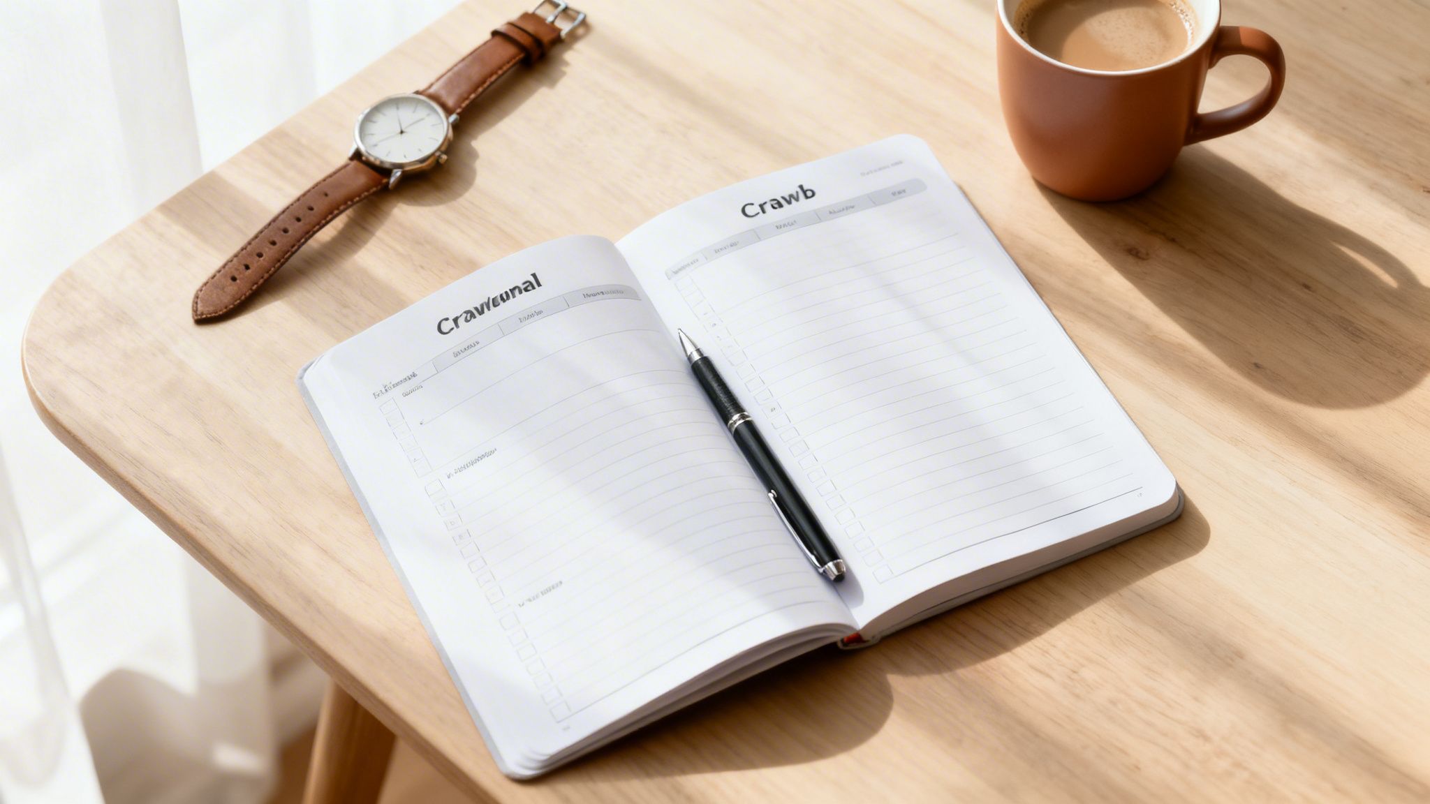 Agenda ouvert, stylo, montre et tasse de café sur une table en bois clair, baignée de lumière naturelle.