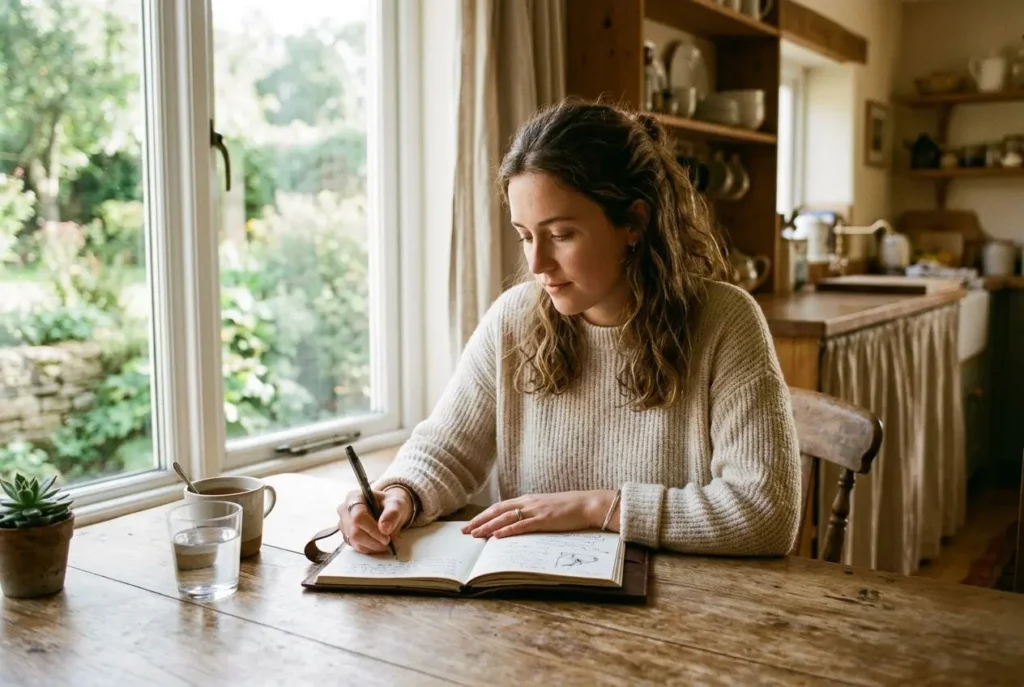 Jeune femme écrivant dans un journal près d'une fenêtre lumineuse, ambiance calme et domestique, en lien avec le thème « comment arrêter l'alcool ».
