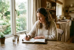 Jeune femme écrivant dans un journal près d'une fenêtre lumineuse, ambiance calme et domestique, en lien avec le thème « comment arrêter l'alcool ».