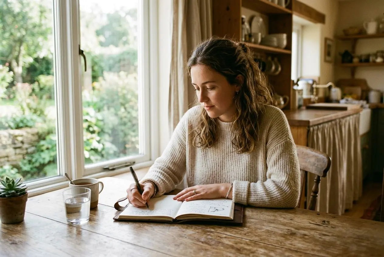 Jeune femme écrivant dans un journal près d'une fenêtre lumineuse, ambiance calme et domestique, en lien avec le thème « comment arrêter l'alcool ».