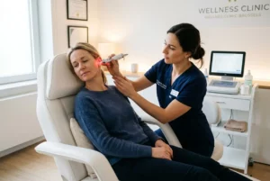 Joueuse d’auriculothérapie tabac belgique: une praticienne applique un laser sur l’oreille d’une patiente en séance dans un centre Bien-être belge, ambiance calme.