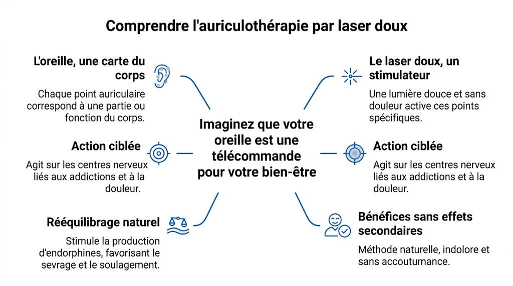 Schéma explicatif de l'auriculothérapie par laser doux pour traiter les addictions et favoriser le bien-être.