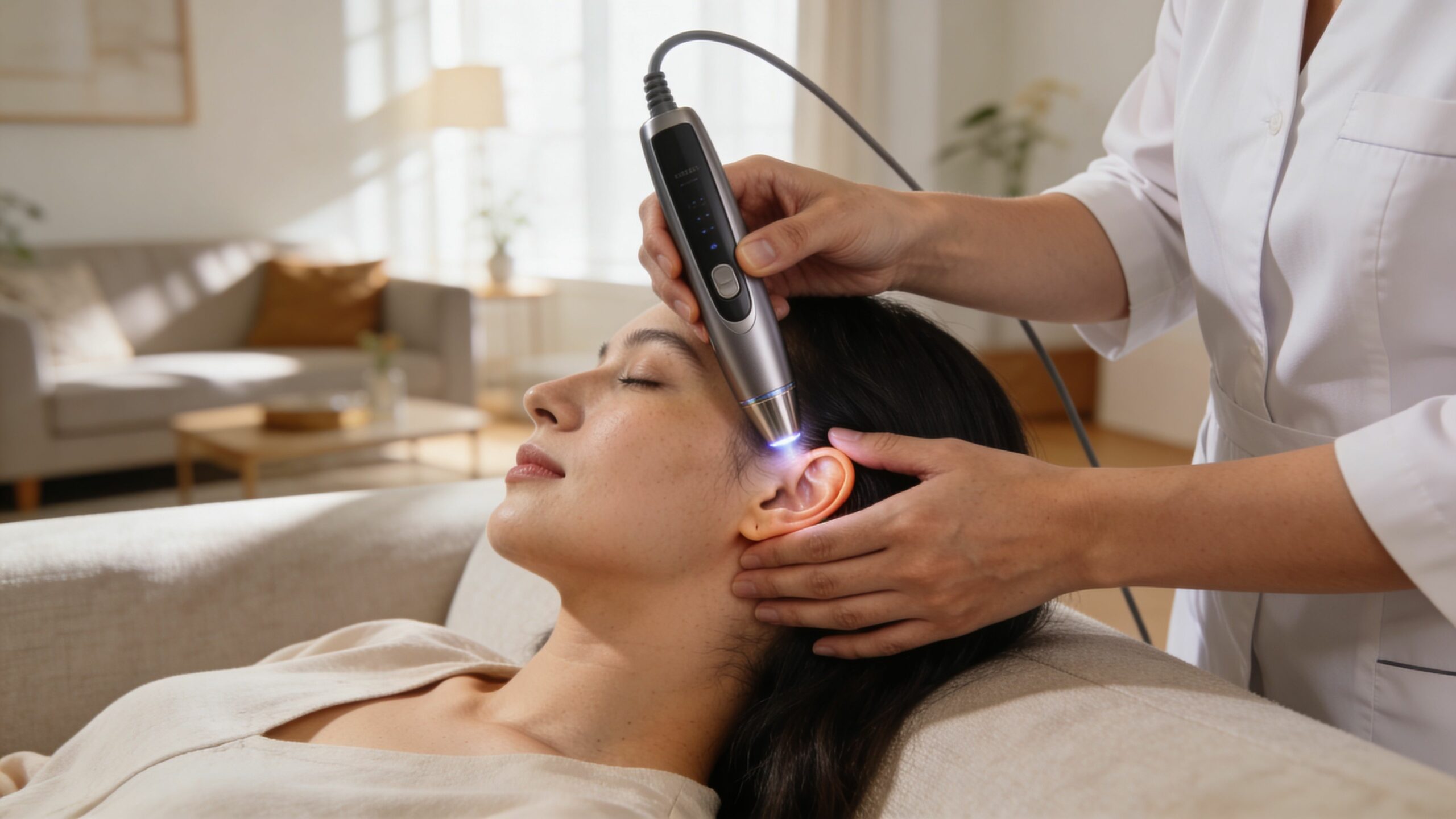 Une professionnelle de santé effectue un traitement au laser sur le visage d'une patiente lors d'une consultation privée.