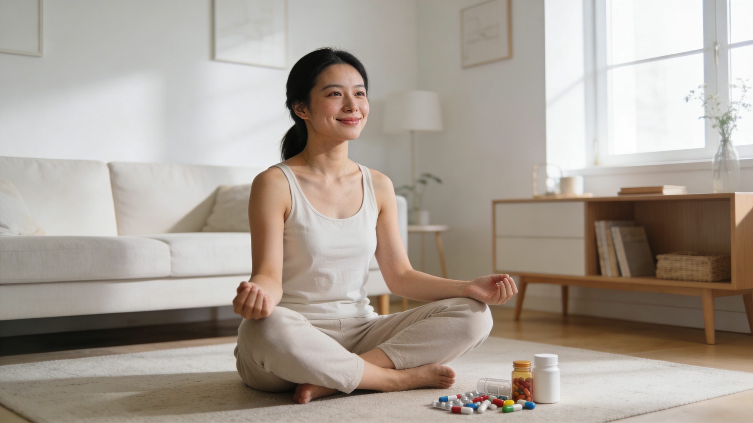 Une jeune femme sereine méditant chez elle avec des médicaments disposés sur le tapis au premier plan.