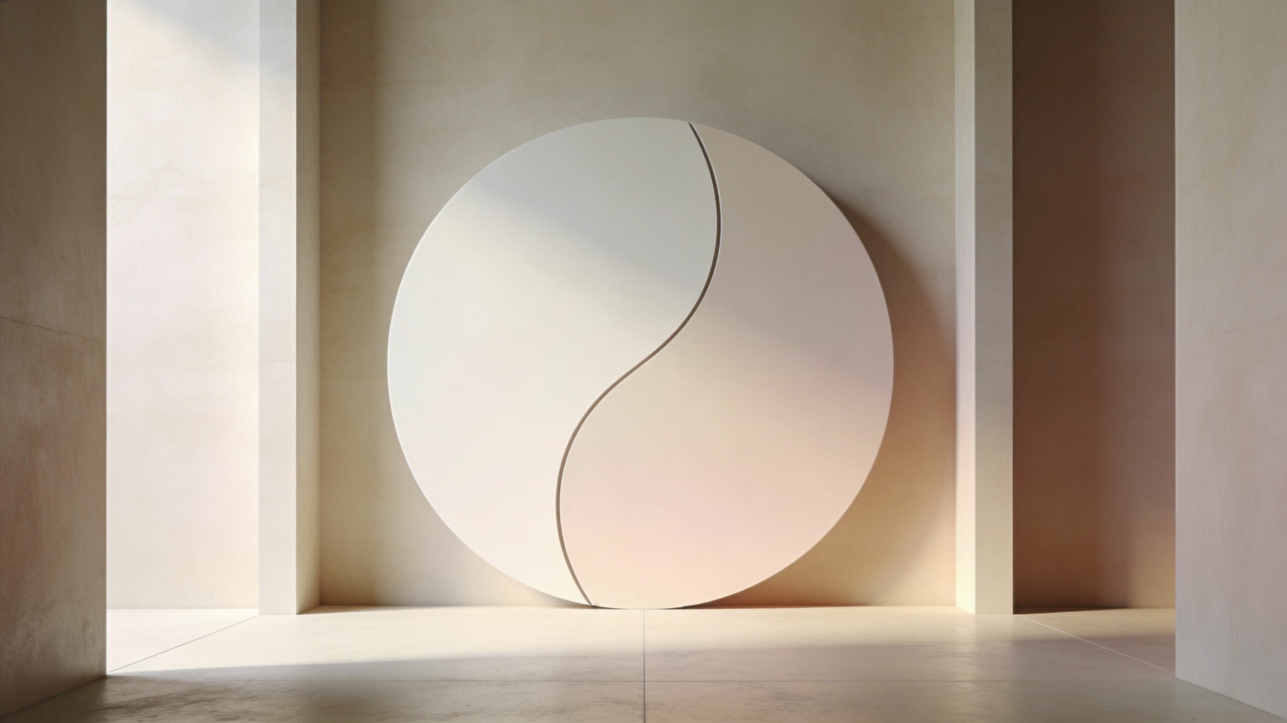 Une sculpture circulaire minimaliste divisée en deux parties sur un mur beige dans un espace architectural épuré.