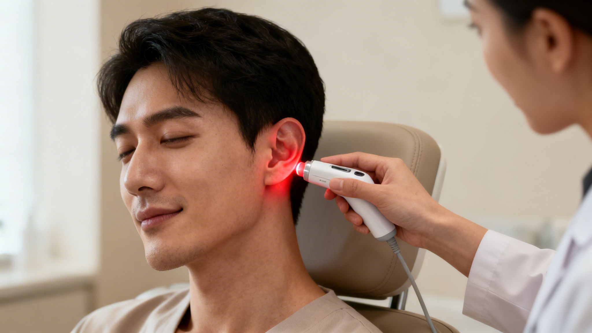 Laser Addiction Fonctionne-t-il Vraiment Témoignage ? 4 Un homme aux yeux fermés reçoit un traitement au laser rouge sur l'oreille par un professionnel.