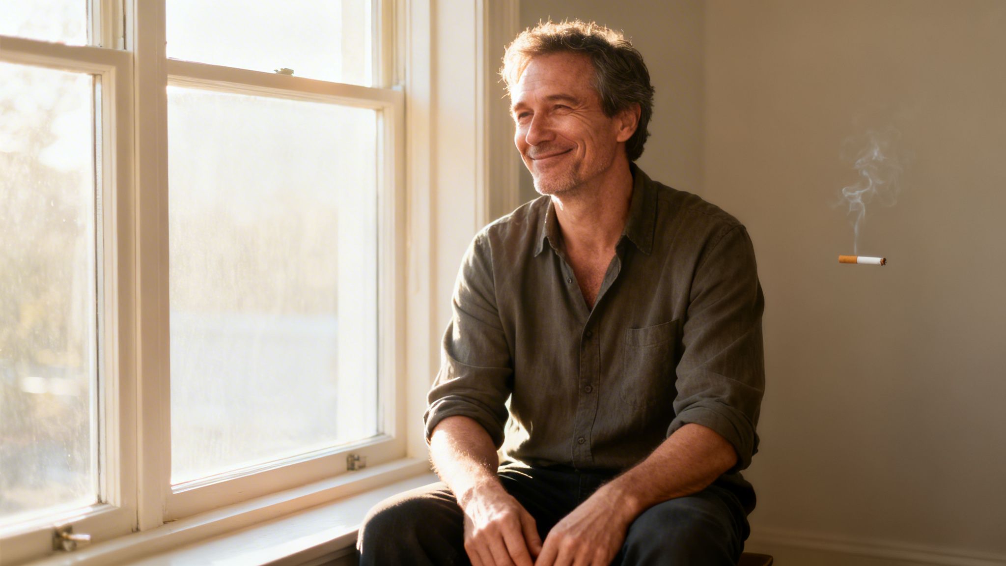 Laser Addiction Fonctionne-t-il Vraiment Témoignage ? 5 Un homme souriant est assis près d'une fenêtre lumineuse, observant la fumée d'une cigarette flottante.