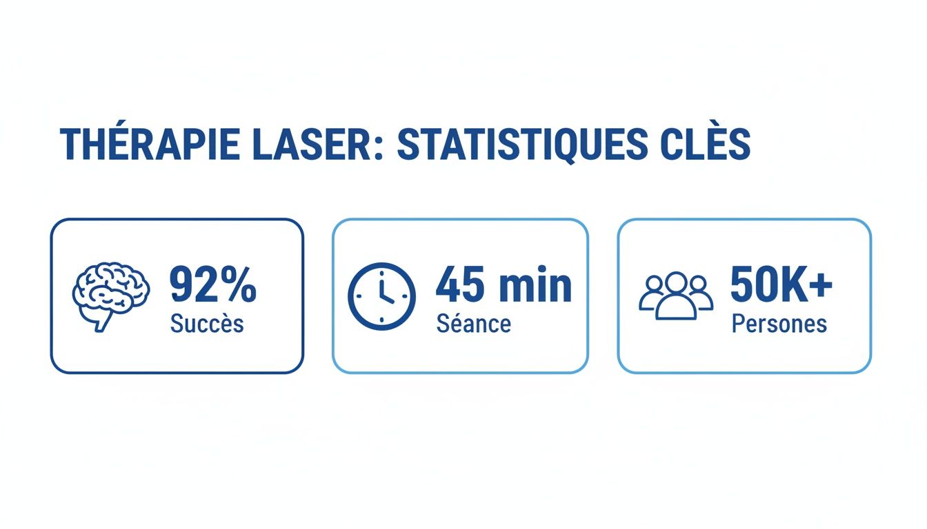 Laser Addiction Fonctionne-t-il Vraiment Témoignage ? 3 Infographie présentant les statistiques clés de la thérapie laser : 92% de succès, séances de 45 minutes et plus de 50 000 personnes aidées.