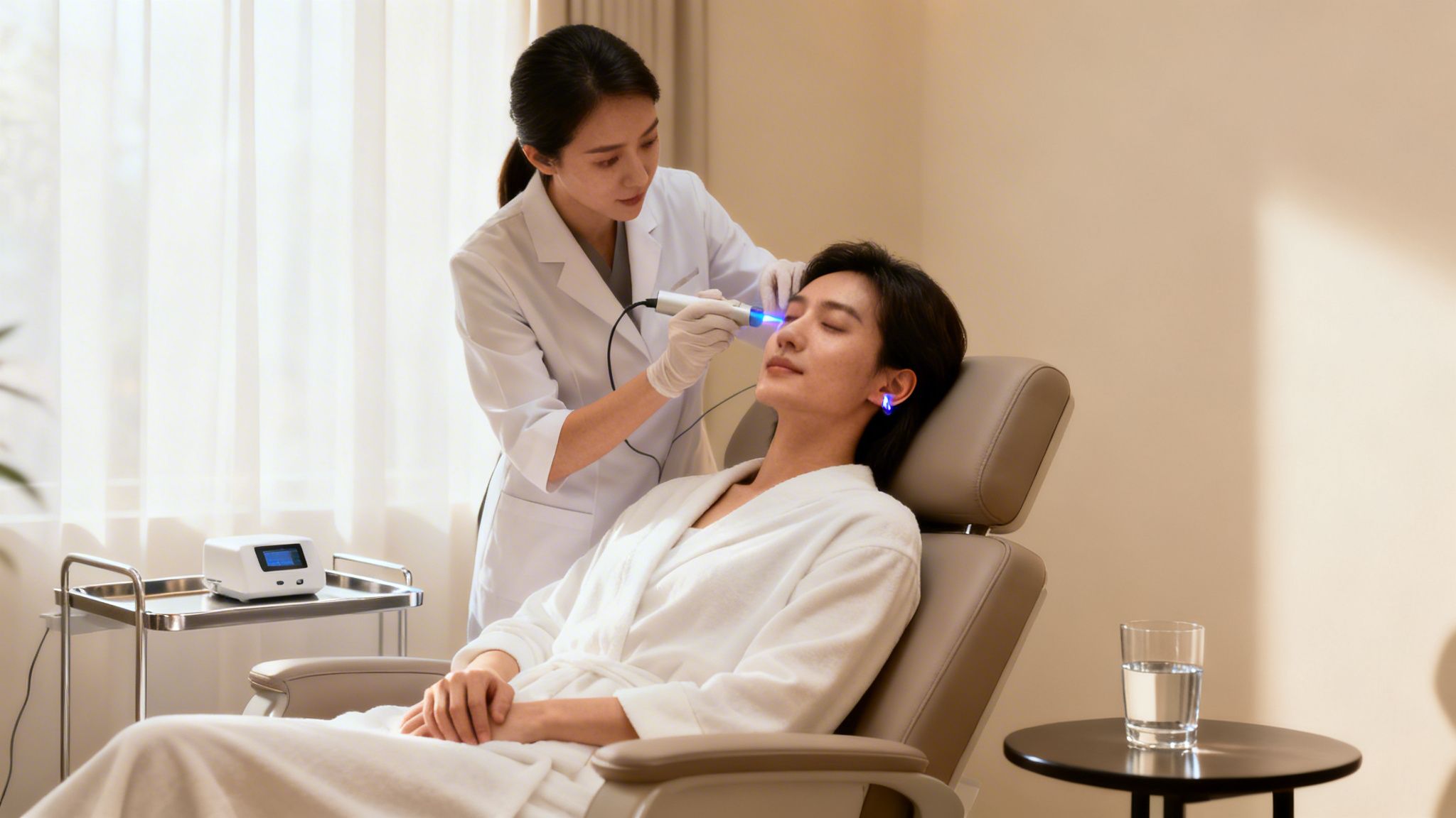 Laser Addiction Fonctionne-t-il Vraiment Témoignage ? 6 Une femme médecin applique un traitement de luminothérapie bleue sur le visage d'un homme dans un centre de beauté.