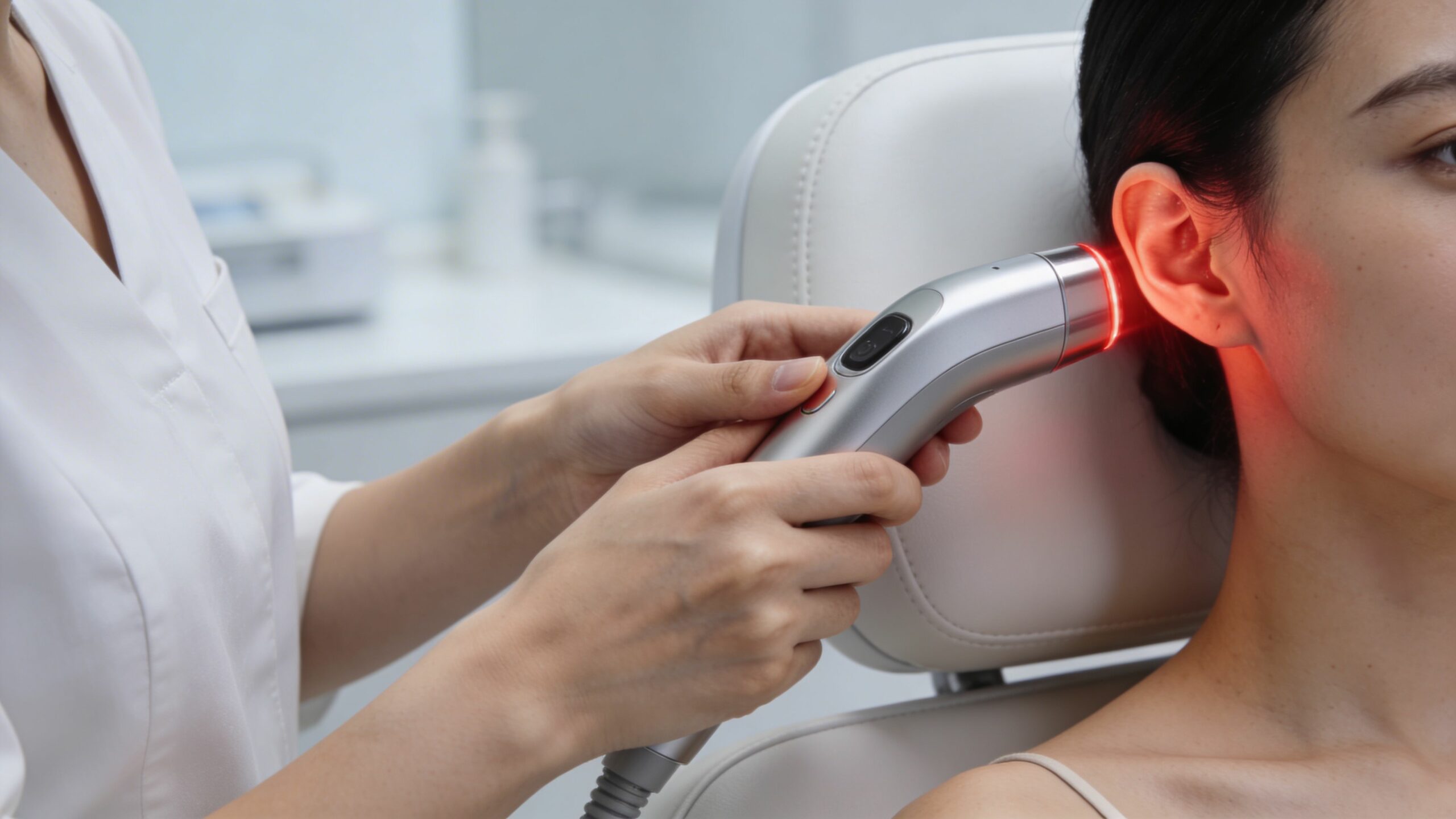 Une praticienne utilise un laser thérapeutique sur le pavillon de l'oreille d'une patiente pour un traitement.