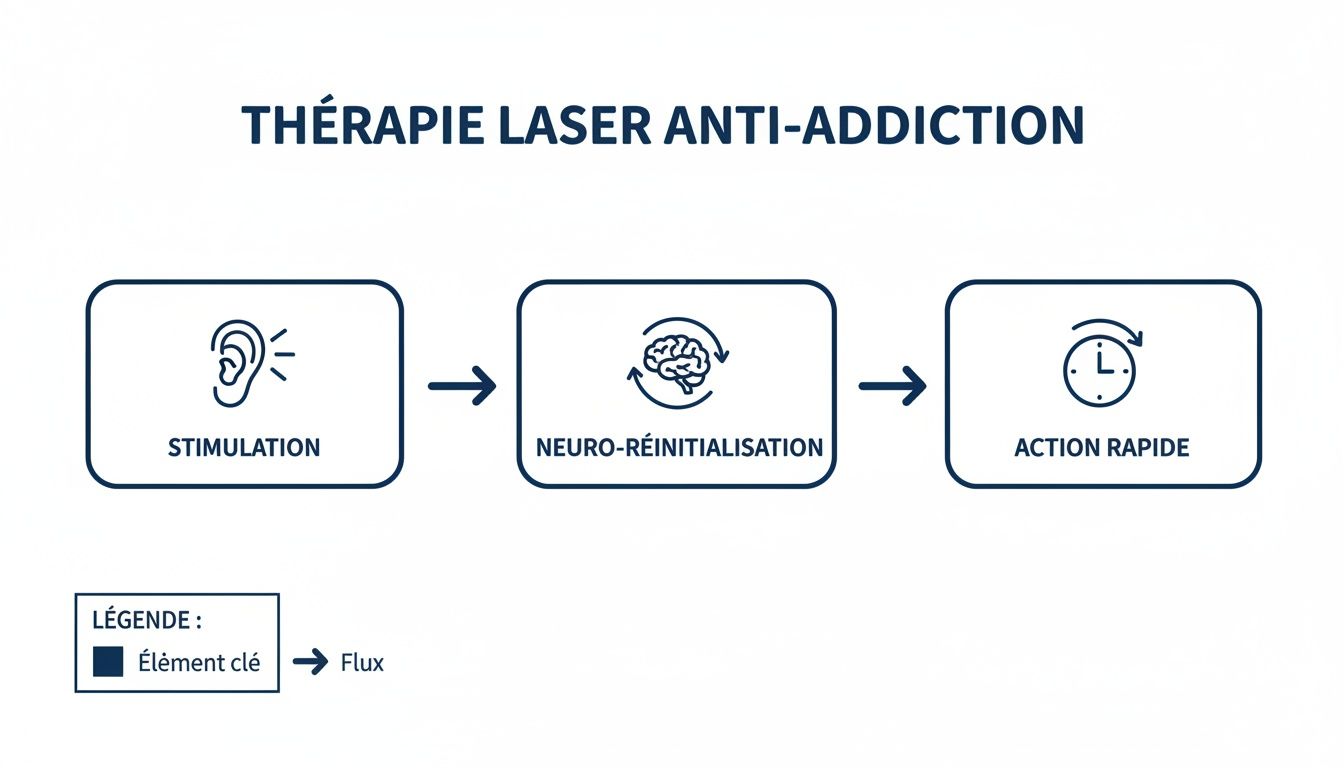 Schéma explicatif de la thérapie laser anti-addiction montrant les étapes de stimulation, neuro-réinitialisation et action rapide.