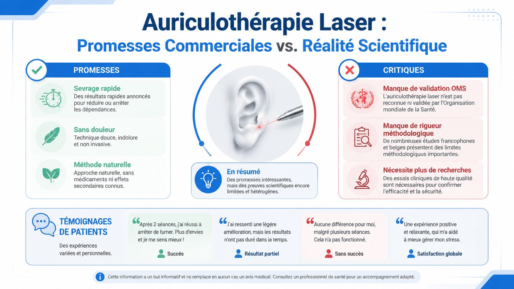 L’auriculothérapie laser marche pour quelles addictions ? 2 Infographie comparant les promesses commerciales et la réalité scientifique de l'auriculothérapie laser pour le sevrage tabagique.