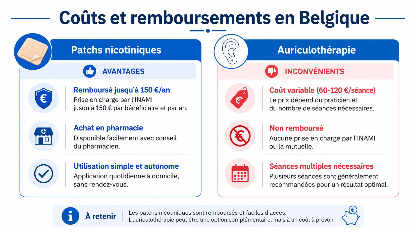 Tableau comparatif des coûts et remboursements des patchs nicotiniques et de l'auriculothérapie en Belgique.