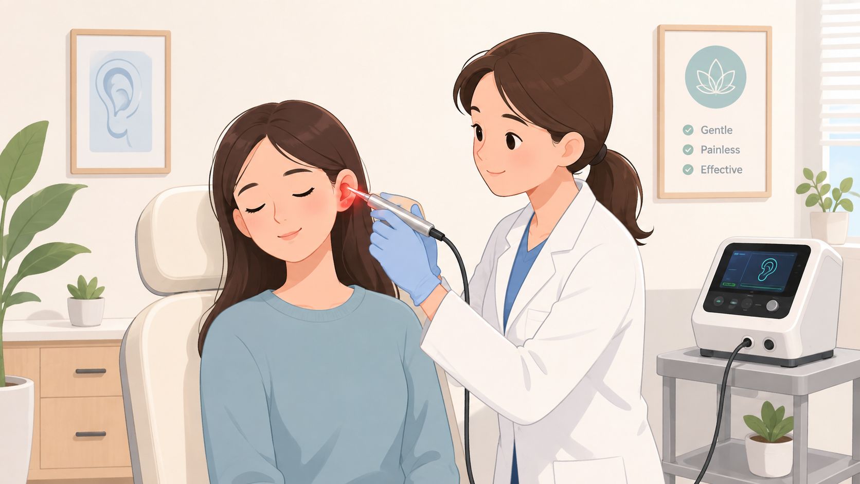 Une professionnelle de santé utilisant un appareil laser pour effectuer une séance d'auriculothérapie sur une patiente relaxée.