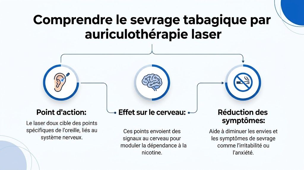Schéma explicatif du processus de sevrage tabagique par l'utilisation de l'auriculothérapie laser sur des points précis.