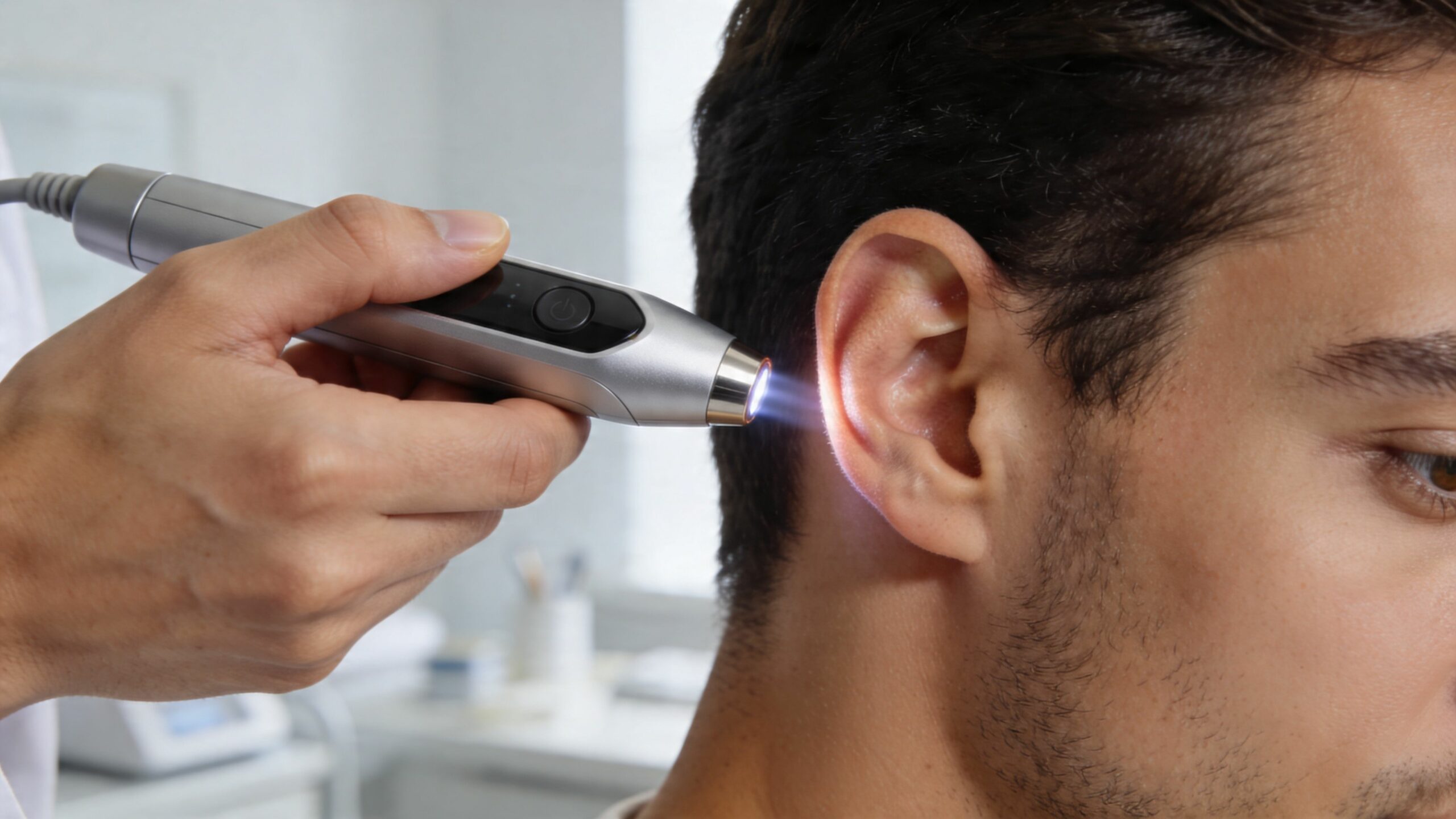 Un praticien utilise un dispositif laser pour traiter l'oreille d'un patient dans le cadre d'un sevrage tabagique.