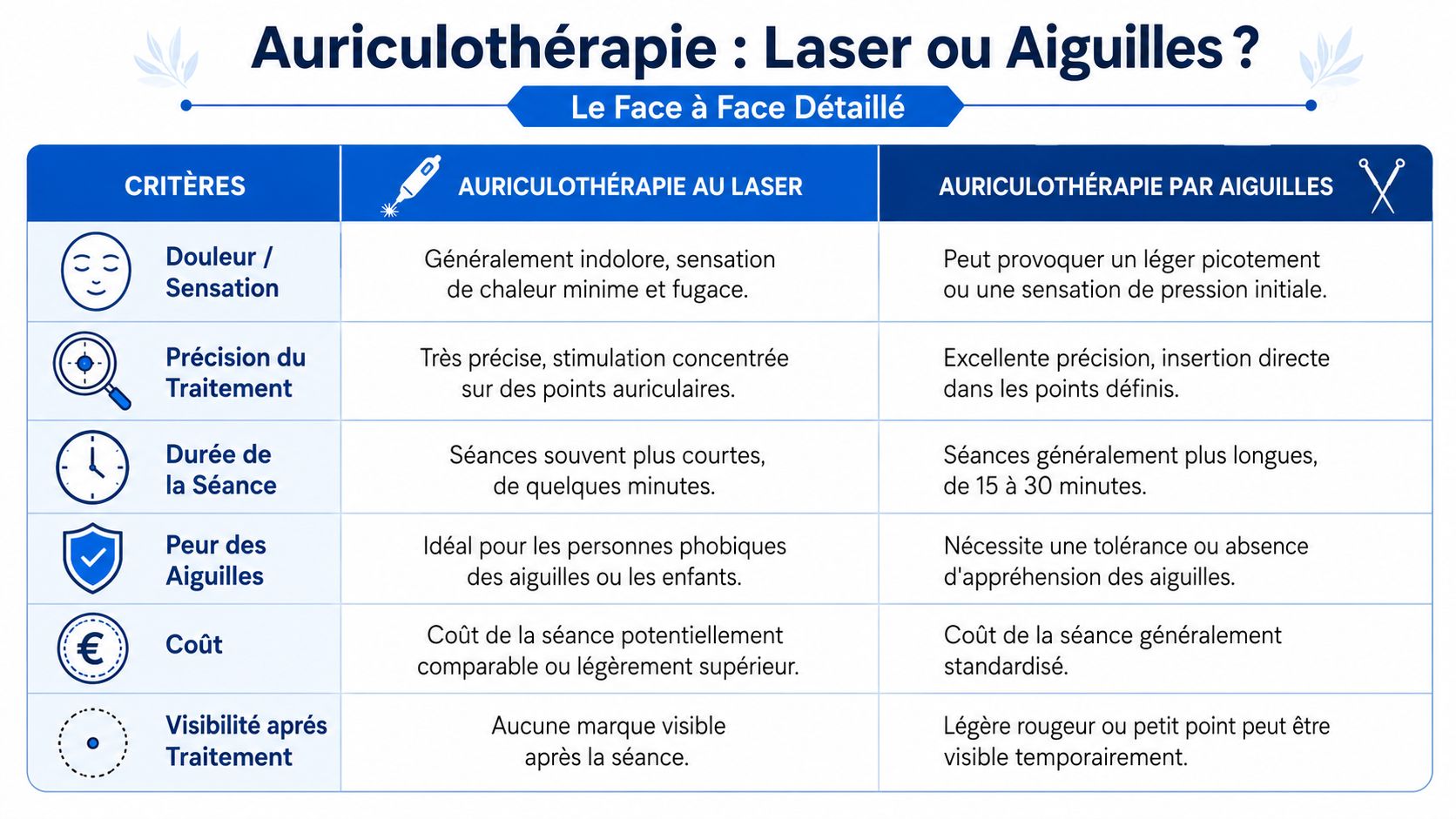 Tableau comparatif entre l'auriculothérapie au laser et par aiguilles selon plusieurs critères cliniques et pratiques.
