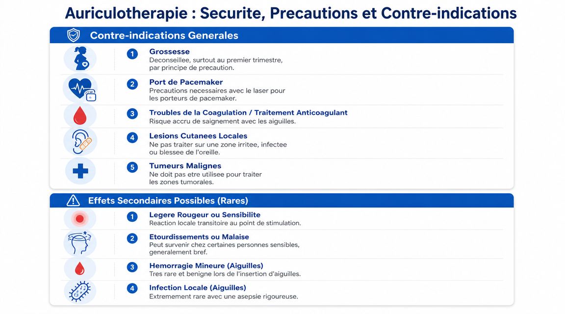 Tableau récapitulatif sur la sécurité, les précautions et les contre-indications de la pratique de l'auriculothérapie.