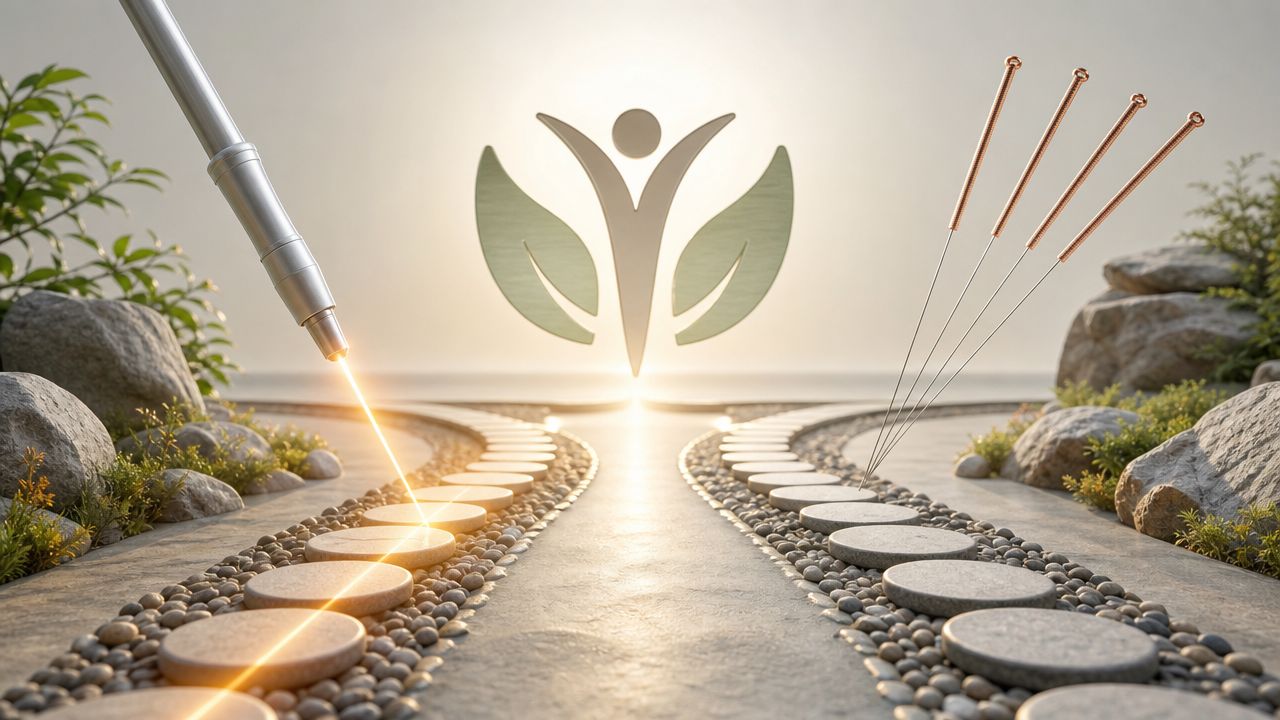 Une image conceptuelle montrant un choix entre traitement laser et acupuncture dans un jardin zen paisible.