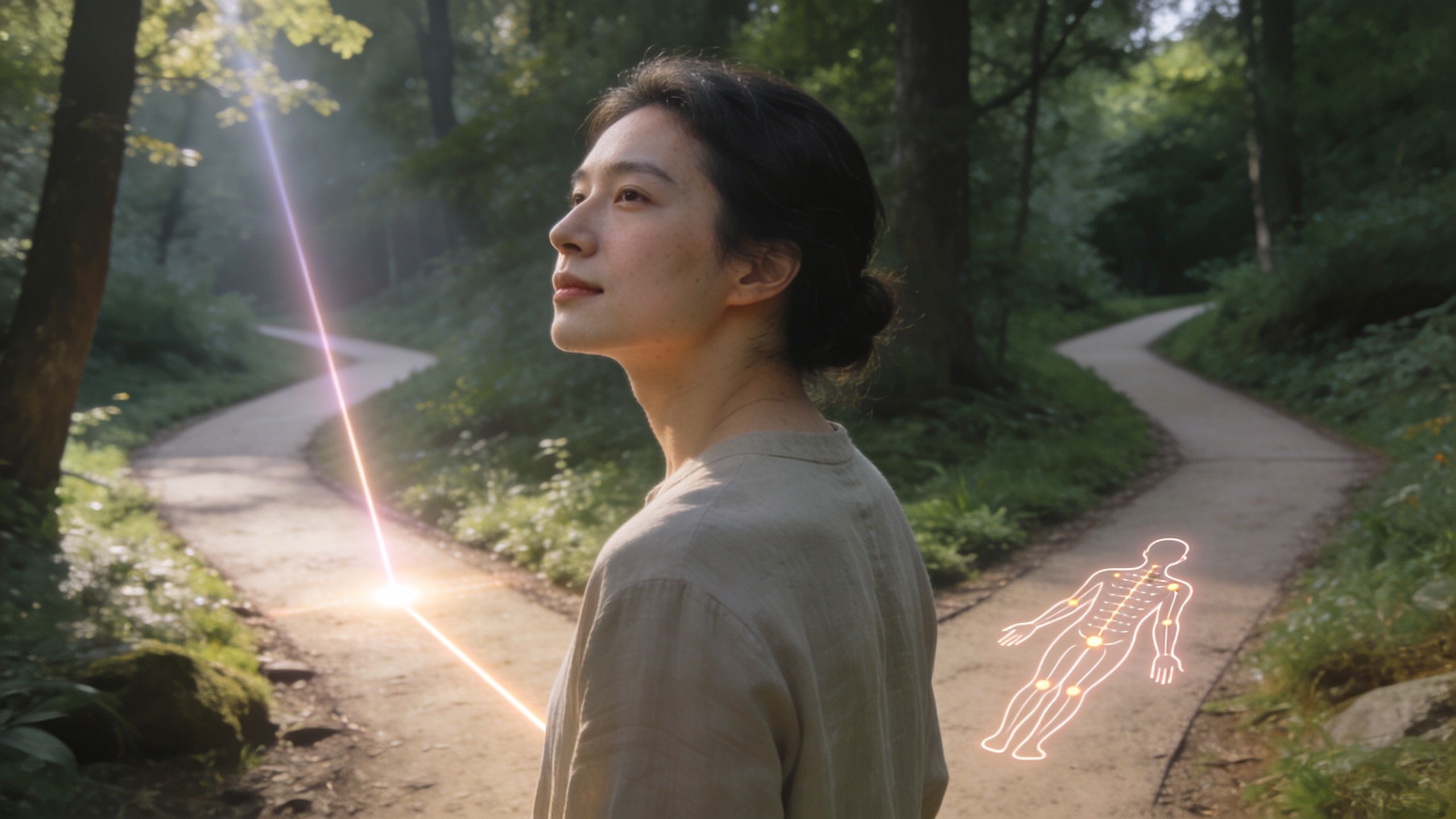 Laser ou aiguille semi-permanente, quoi choisir? 3 Une femme regarde des chemins divergents avec une représentation holographique du système nerveux humain à côté d'elle.