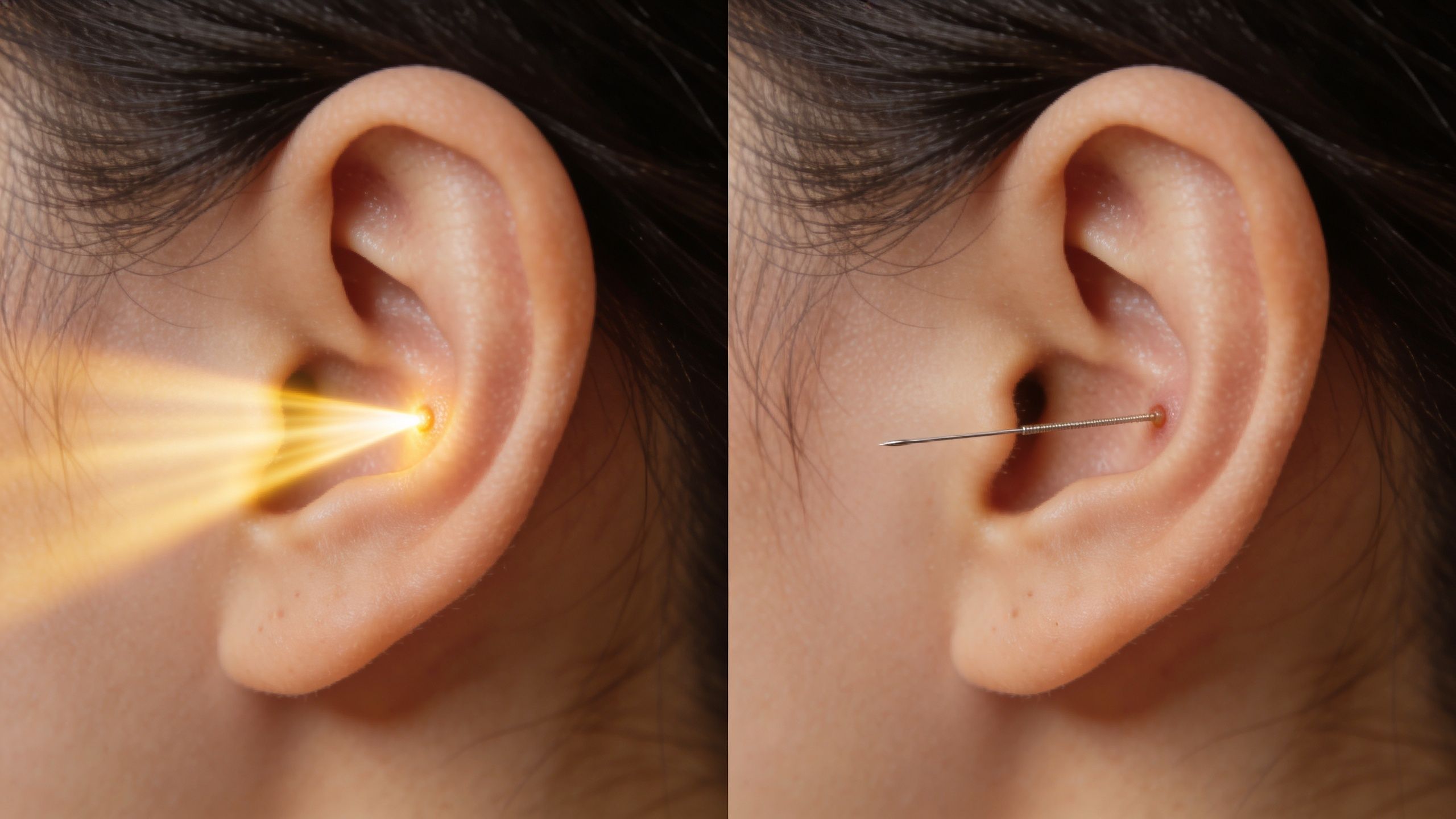 Laser ou aiguille semi-permanente, quoi choisir? 4 Comparaison entre une thérapie par laser et une aiguille d'acupuncture semi-permanente insérée dans l'oreille pour traiter l'audition.