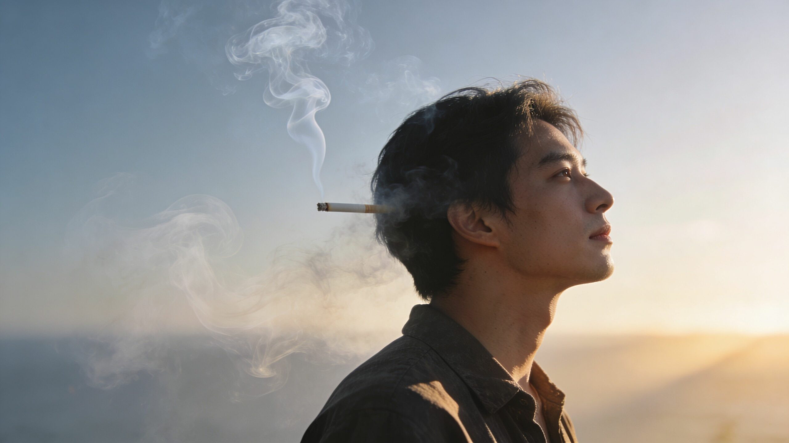 Un jeune homme pensif avec une cigarette fumante près de la tête sous une lumière de coucher soleil.