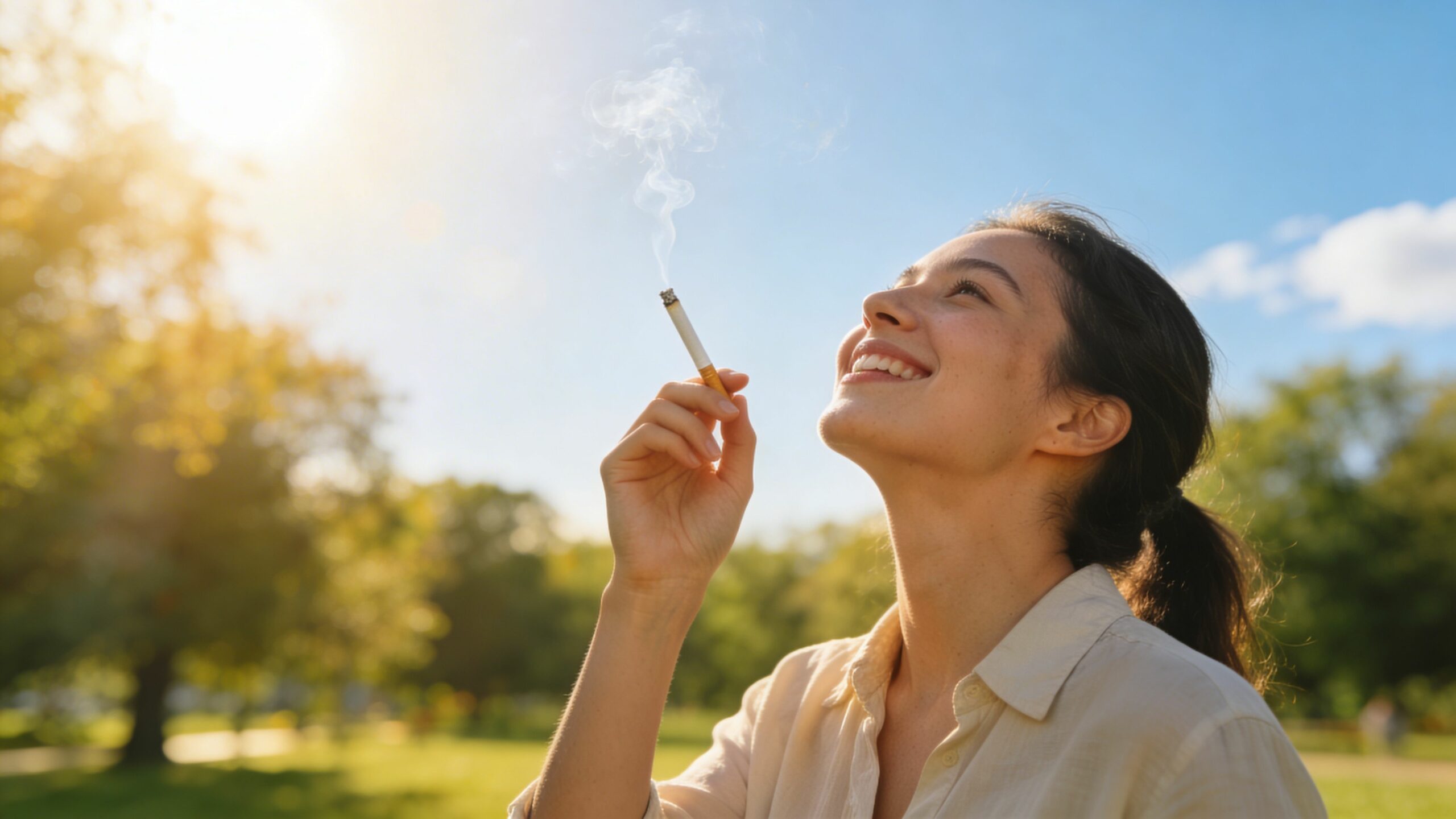Une jeune femme souriante tenant une cigarette fumante dans un parc sous un ciel ensoleillé