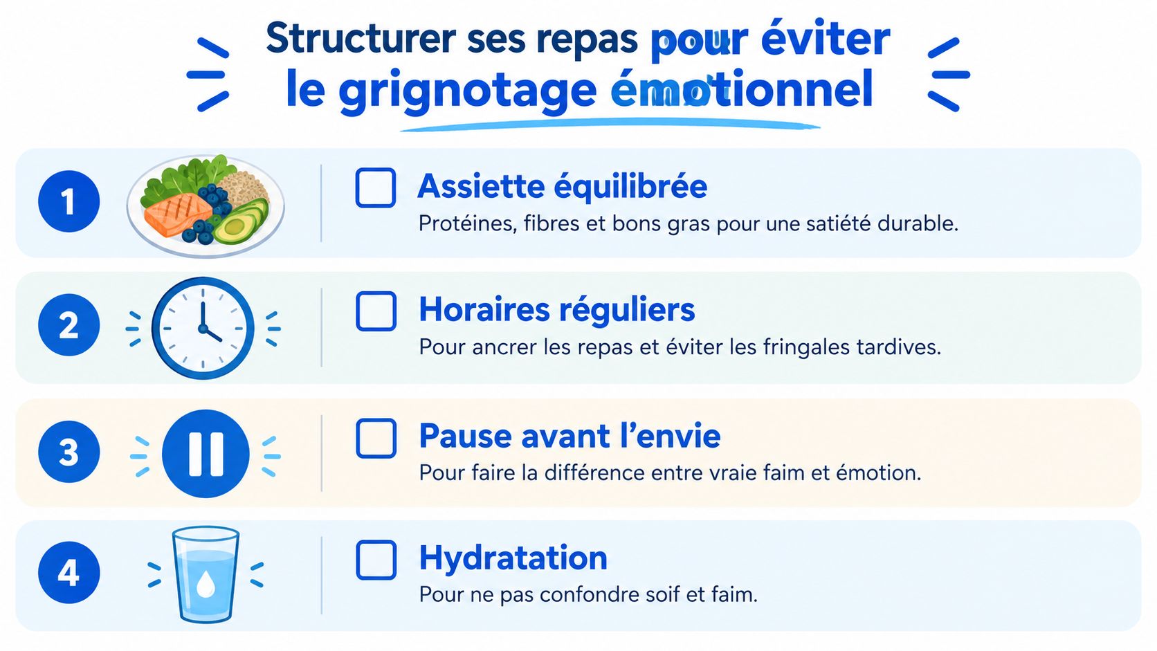 Une infographie avec quatre conseils illustrés pour structurer ses repas et éviter le grignotage émotionnel quotidien.