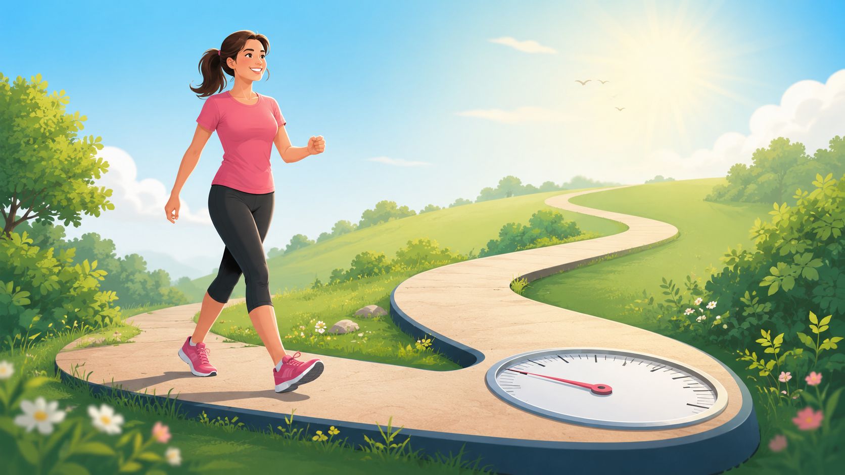 Perdre du poids en marchant: astuces et programme 2026 1 Une femme souriante marche sur un chemin paysager intégrant une balance pour illustrer la perte de poids.