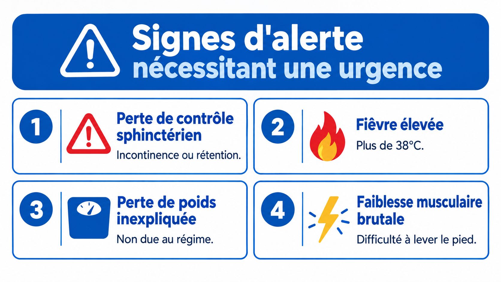 Infographie médicale en français listant quatre signes d'alerte urgents nécessitant une consultation médicale rapide.