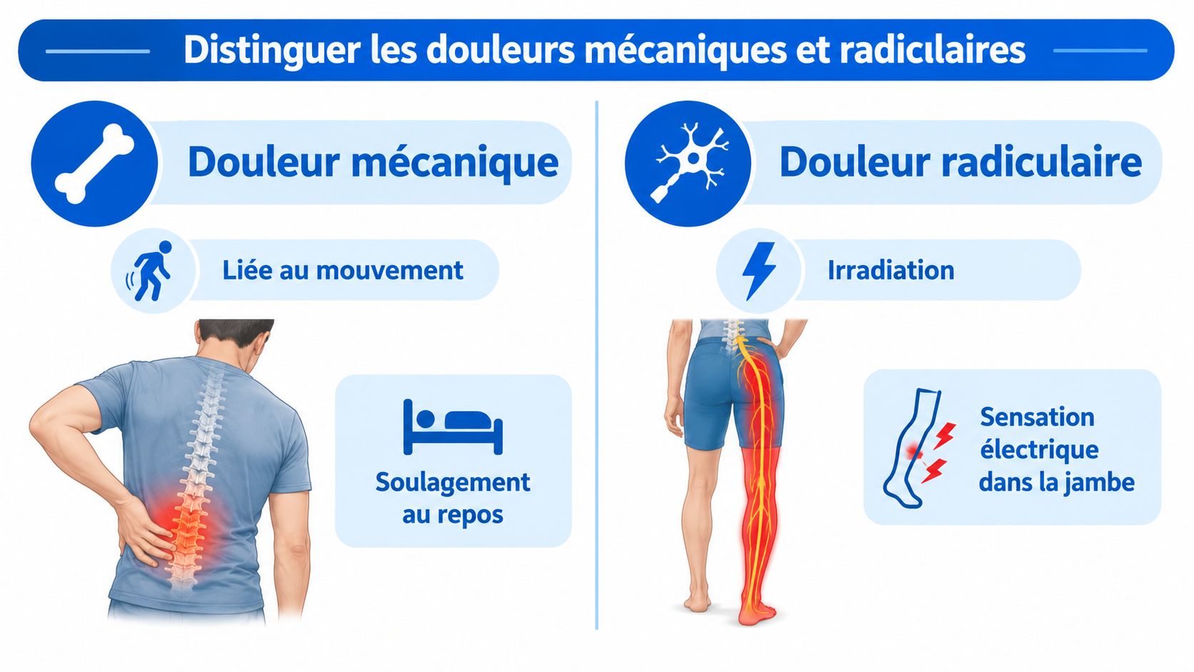 Illustration comparative montrant les différences entre une douleur mécanique au dos et une douleur radiculaire sciatique.