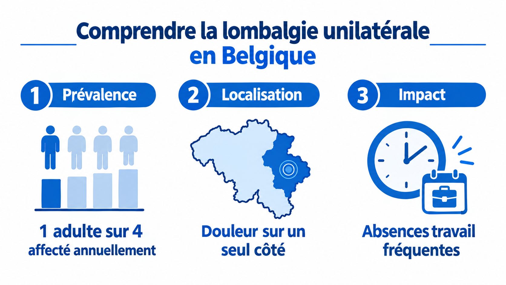Infographie illustrant la prévalence, la localisation et l'impact de la lombalgie unilatérale en Belgique.