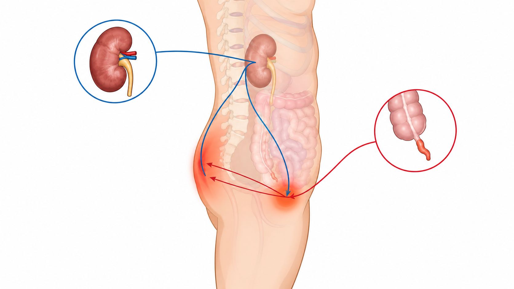 Illustration montrant des douleurs projetées au dos causées par des problèmes au niveau des reins et de l'appendice.