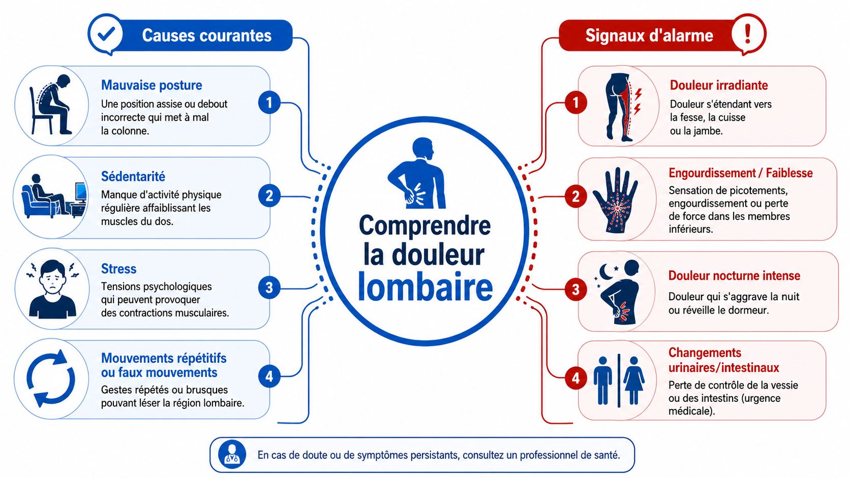 Traitement douleur lombaire: Guide pour soulager votre dos 1 Infographie illustrant les causes courantes et les signaux d'alarme associés aux douleurs lombaires pour mieux les comprendre.
