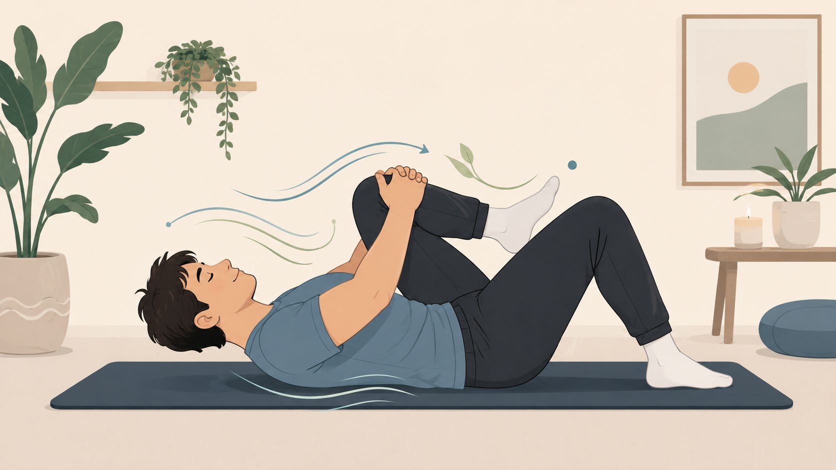 Traitement douleur lombaire: Guide pour soulager votre dos 2 Un jeune homme pratique un exercice d'étirement au sol pour soulager les douleurs lombaires sur un tapis.