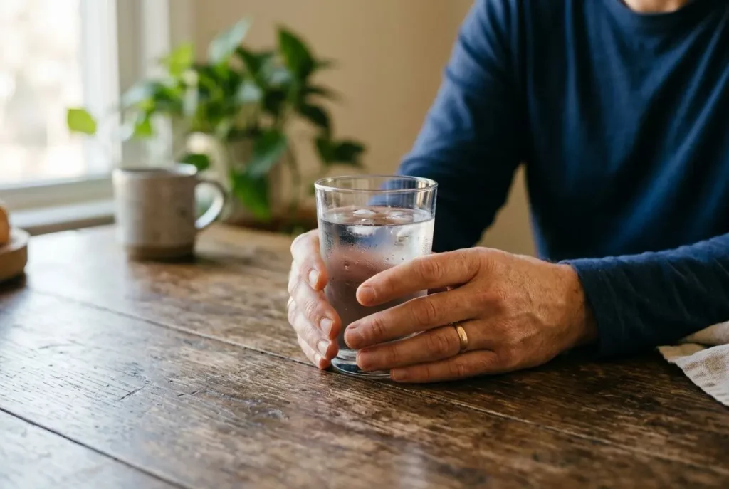 Main sujet: personne tenant un verre d'eau sur une table en bois, intérieur lumineux, ambiance calme. Alt: "Main tenant un verre d'eau sur table en bois, approche intime et calme"