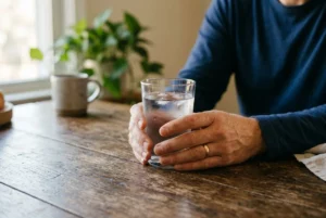 Main sujet: personne tenant un verre d'eau sur une table en bois, intérieur lumineux, ambiance calme. Alt: "Main tenant un verre d'eau sur table en bois, approche intime et calme"